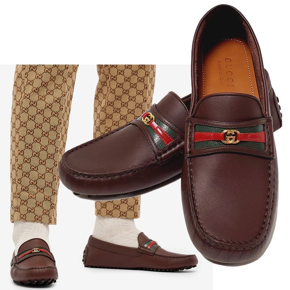 GUCCI SHOES MENS AYRTON DRIVER w WEB GG MOCCASINS BROWN LEATHER sz US 7.5